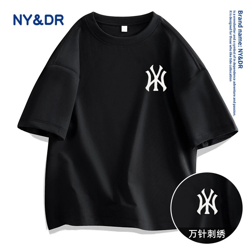 NY t恤半袖刺绣夏装美式复古简约宽松情侣男T恤夏季胸标logo短袖