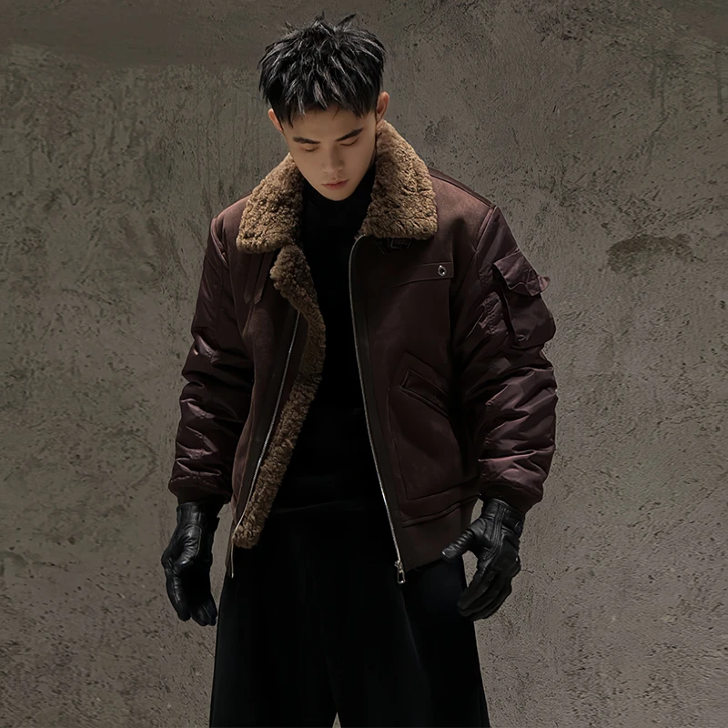 座山雕外套冬季新款时尚男士皮毛一体加厚颗粒绒保暖棉衣翻领棉服