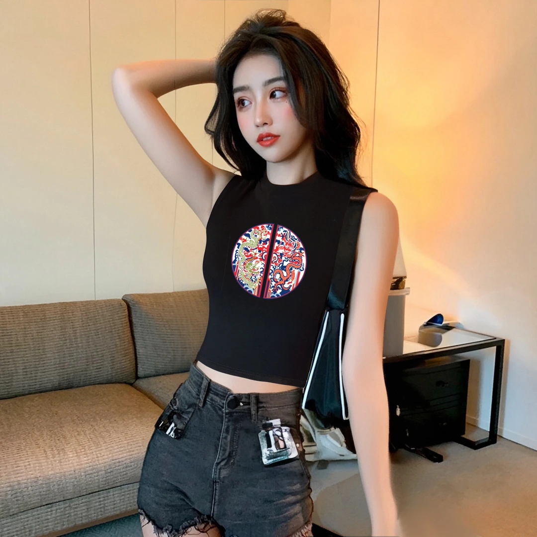 中国风无袖半高领坎肩背心女短款百搭夏修身显瘦早秋印花打底上衣