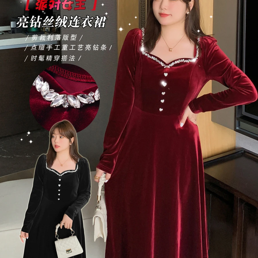 大码女装新款重工方领亮钻红色新娘敬酒服丝绒连衣裙