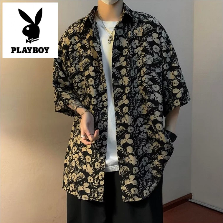 花花公子冰丝短袖花衬衫男夏季vintage美式潮牌宽松五分袖衬衣外