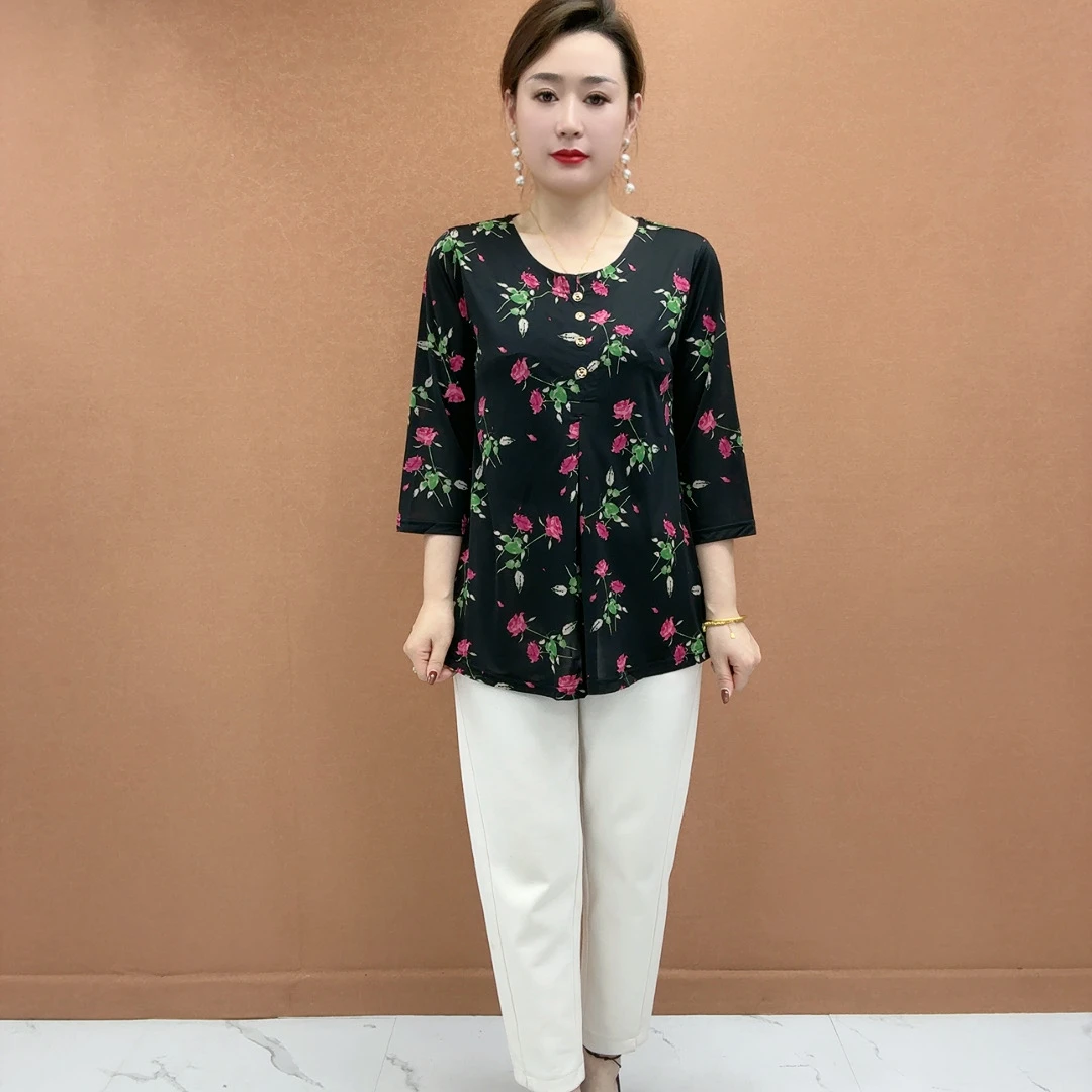 加大码中老年新款女装夏季中袖显瘦遮肚子弹力宽松时尚玫瑰妈妈装