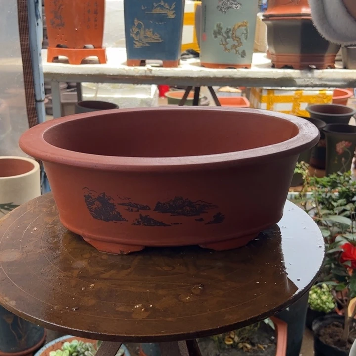 宜兴紫砂花盆38红椭圆