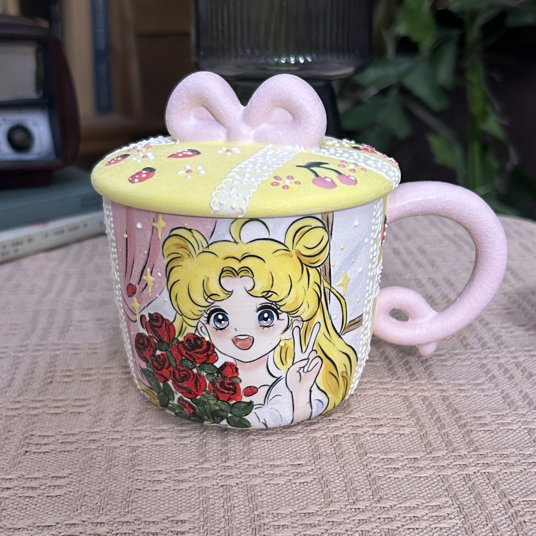 144美少女抱玫瑰陶瓷带盖水杯