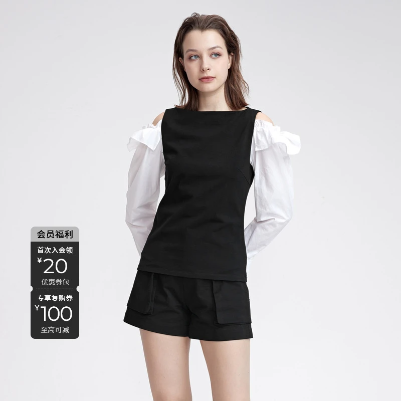 S·DEER圣迪奥时尚休闲圆领露肩荷叶边撞色拼接长袖T恤S22180208