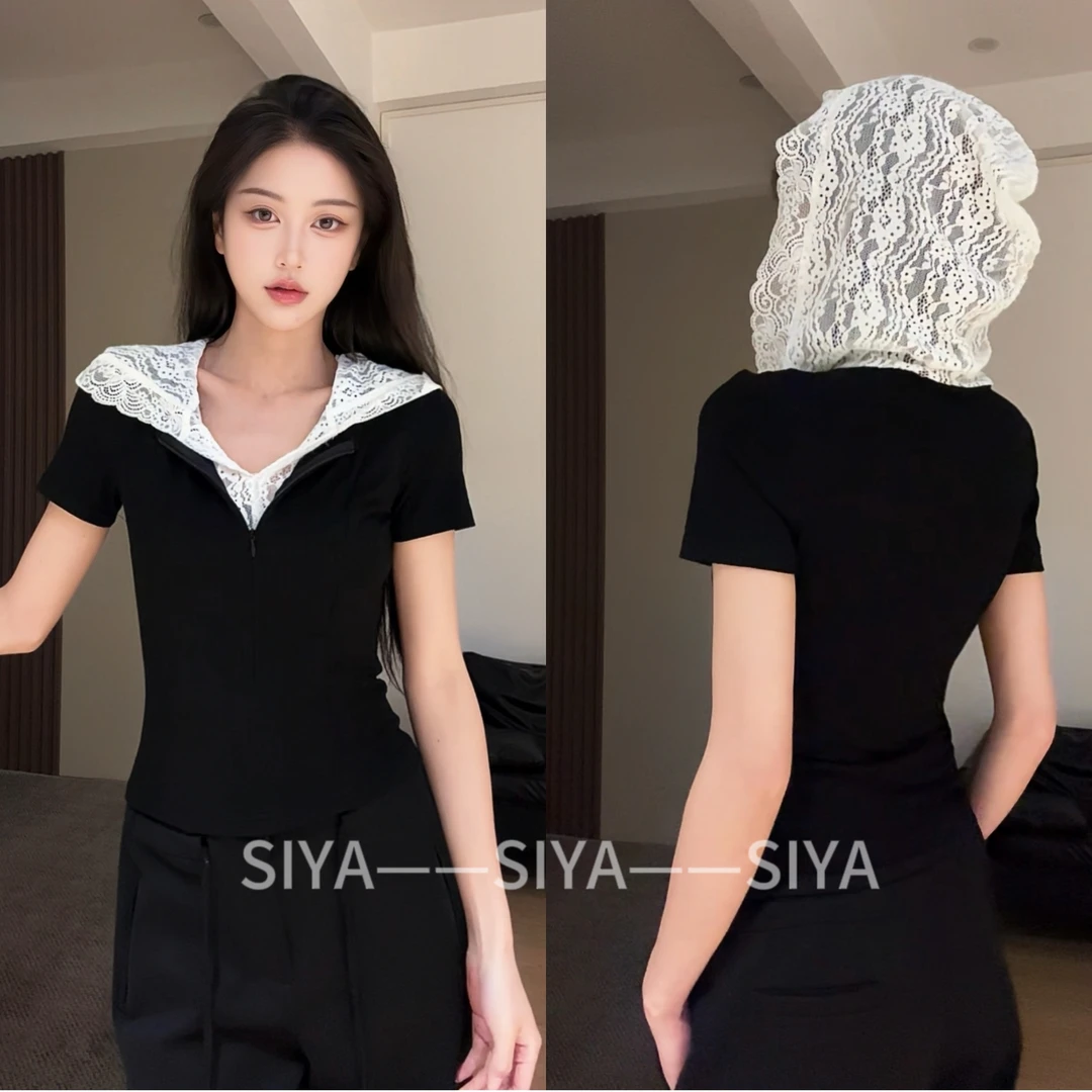【SIYA】蕾丝拼接两件套连帽短袖打底衫假两件T恤上衣女森女短袖