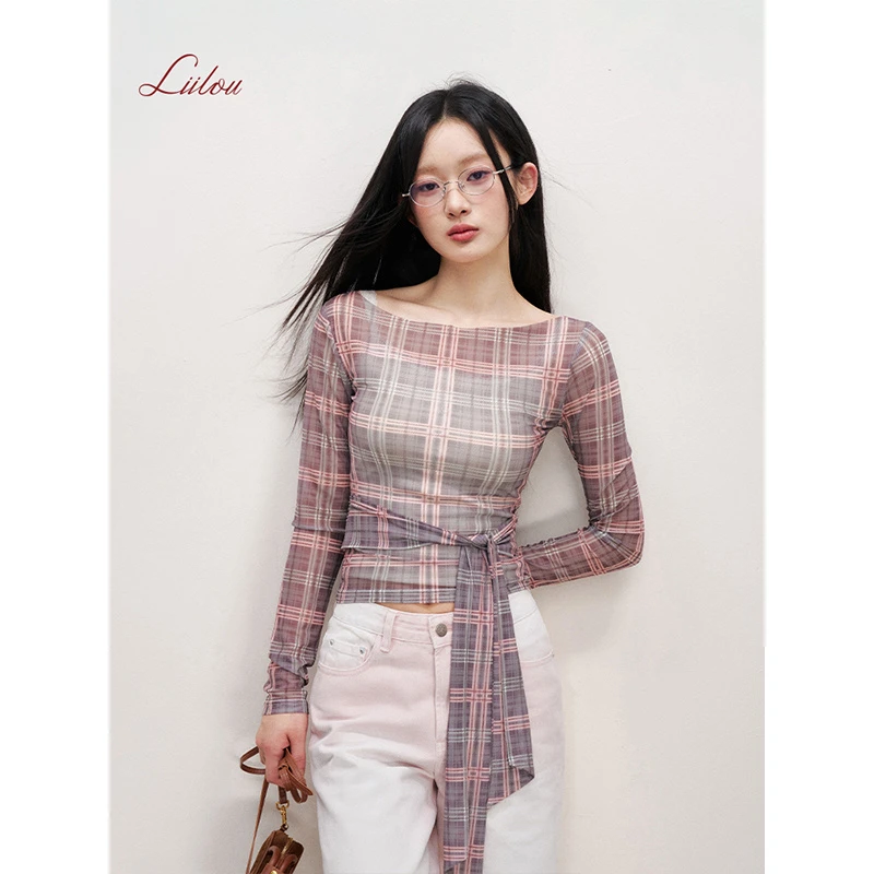 Liilou 25ss 随身打结 微透感 格纹网纱扭结不规则长袖打底