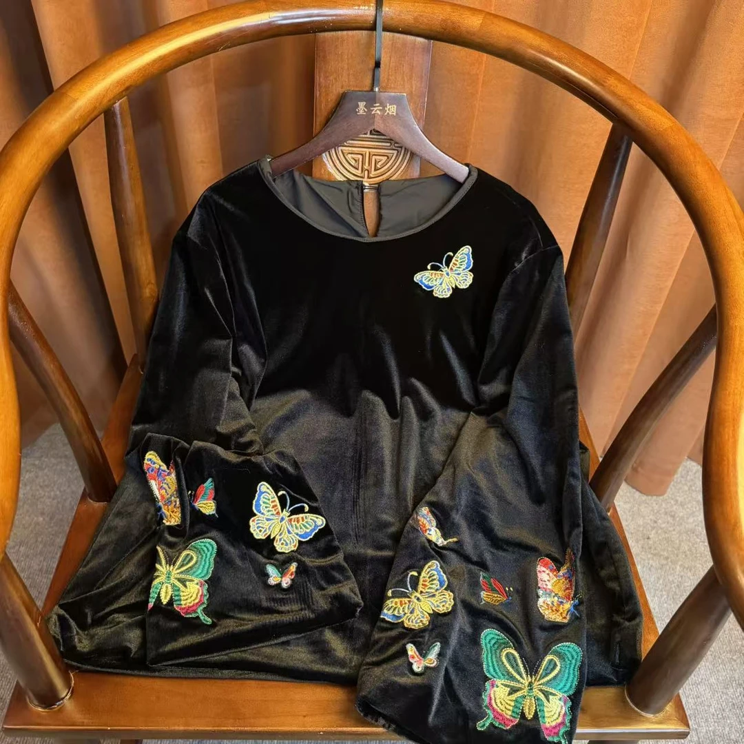 【雨寒】新中式时尚女装高档刺绣圆领衬衫国风女士打底衫