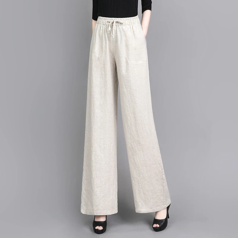 2025流光风水洗亚麻休闲阔腿裤女宽松显瘦垂感高腰直筒棉麻长裤子