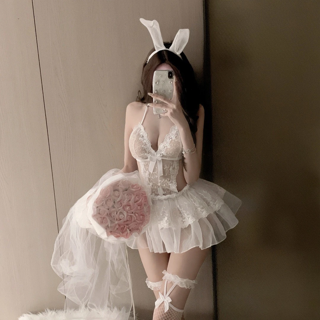 【夜来秀】纯欲性感唯美纱装挂脖连体网纱裙套装