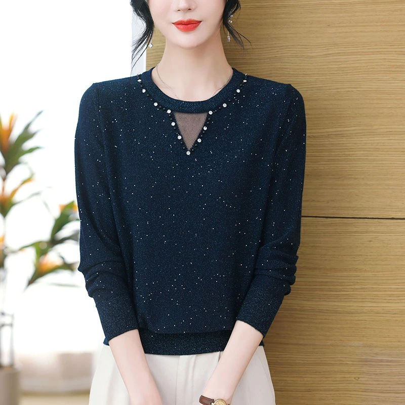 圆领打底衫女春秋新款毛衣钉珠亮丝针织上衣长袖内搭洋气胖mm大码