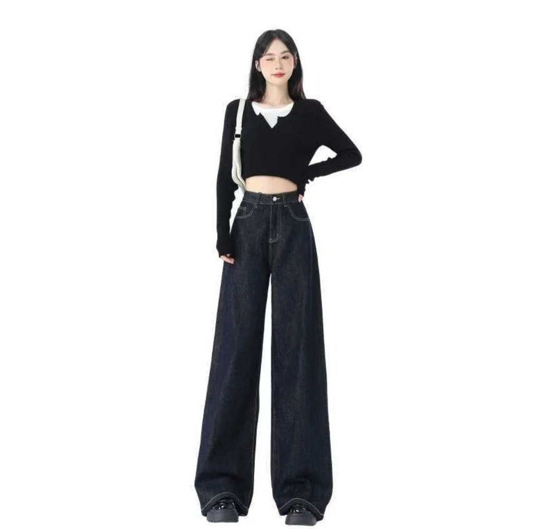 （1001-1200）加绒加厚高腰阔腿牛仔裤，微瑕