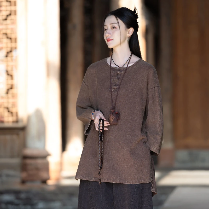 25春棉麻女装新款复古中式圆领缝线盘扣衬衫上衣女式禅意打坐大T