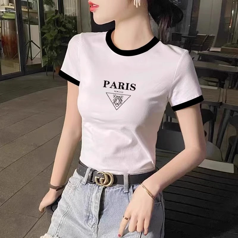 撞色白色短款短袖t恤女2025新款欧货夏季圆领修身内搭体恤衫上衣