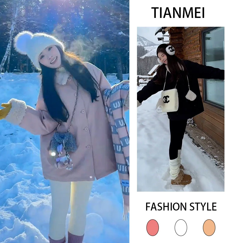 时髦少女感的冬日套装慵懒风小个子翻领棉服女搭休闲鲨鱼裤两件套