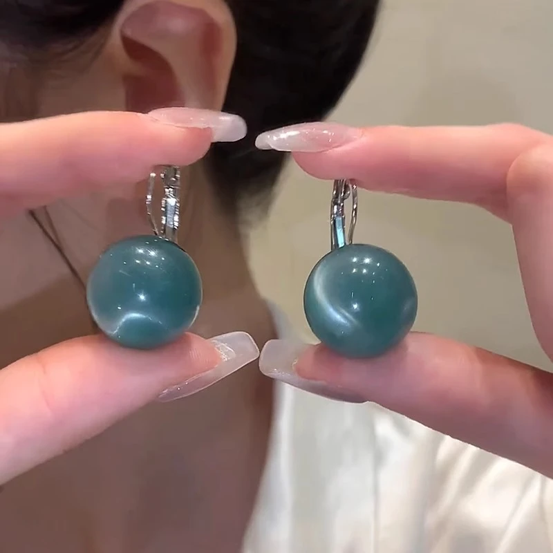 铜合金亚克力耳饰 蓝海秘境果冻色圆形硬糖圆球耳扣冰透感孔雀蓝