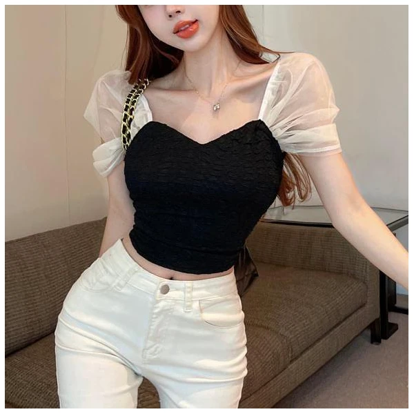 2025夏季女装针织衫新款修身泡泡袖短款辣妹纯欲风拼接短袖上衣女