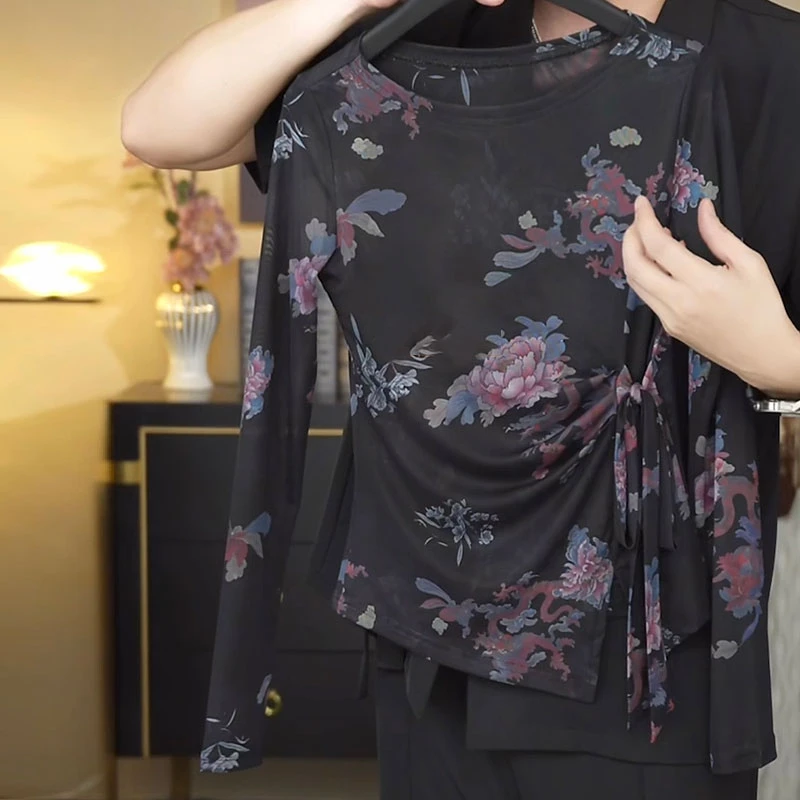 2025【龙吟锦瑟】中国风长袖印花绑带网纱T恤女气质优雅百搭上衣