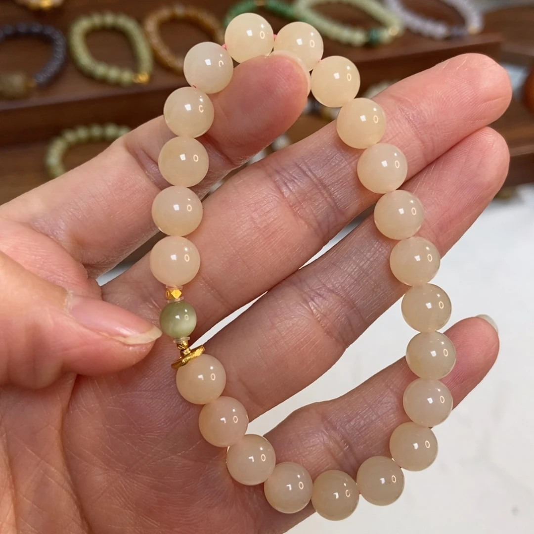 和田玉18K金镶嵌手链8mm熟藕粉