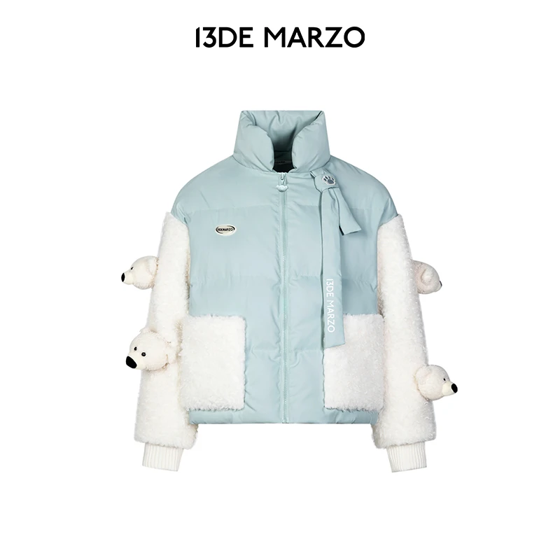 13DE MARZO男女同款 帕尔达熊仿羊羔毛袖拼接加厚保暖棉服外套