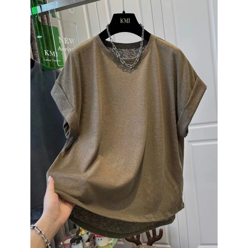 超大码300斤纯色设计感袖口卷边半袖T恤男士夏季宽松圆领短袖上衣