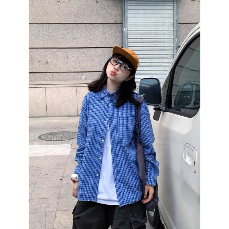 高街潮流秋季新款美式慵懒宽松蓝色格子长袖衬衫男女休闲外穿衬衣