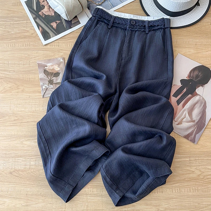 红色蕾丝亚麻阔腿裤女夏季薄款2025新款麻料宽松长裤棉麻直筒裤