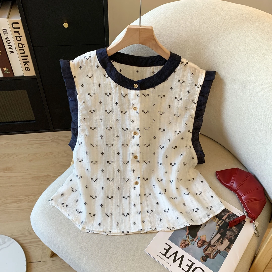 【665】韩版时尚木耳边拼接刺绣无袖小衫女2025夏季显瘦减龄衬衫