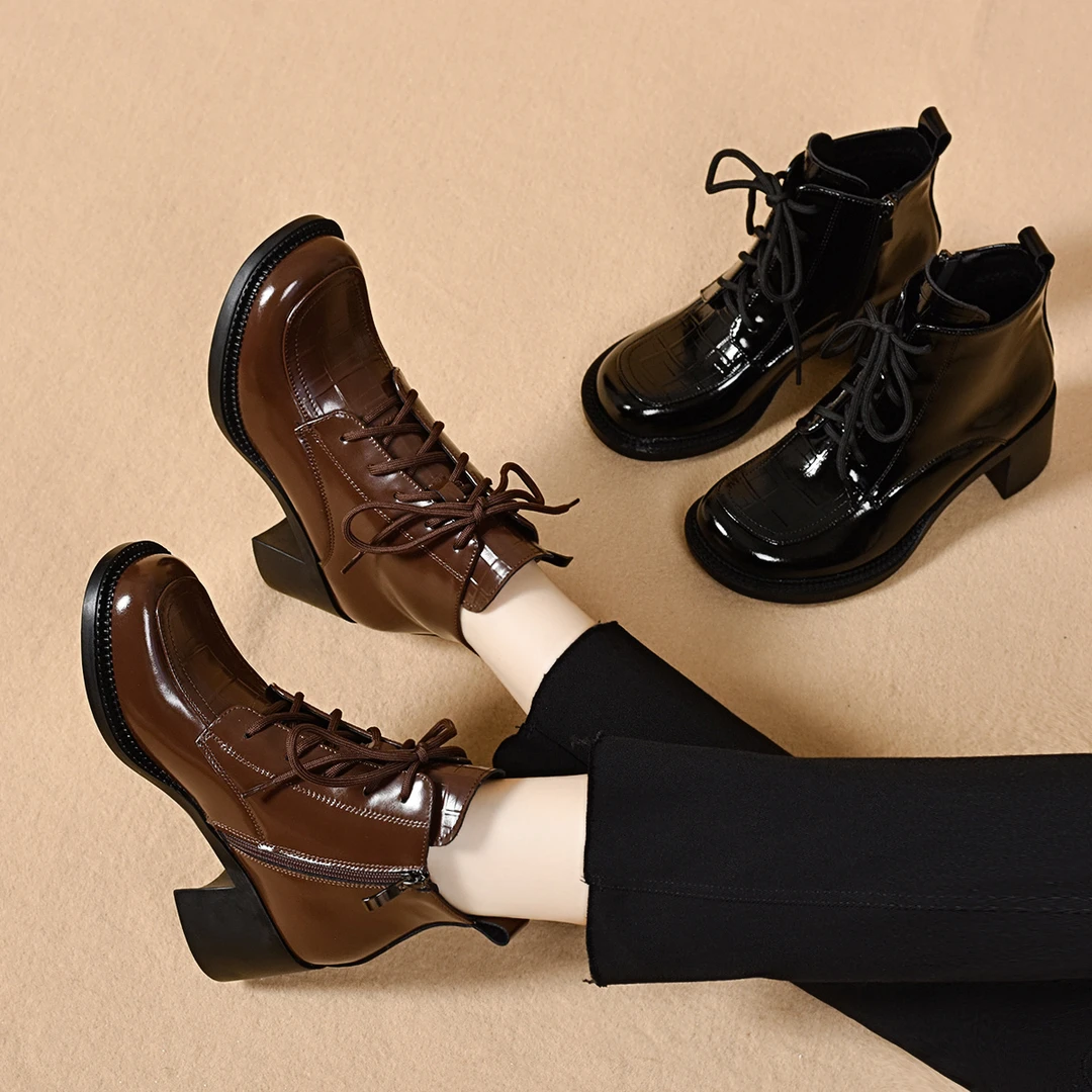 真皮厚底马丁靴女2025年秋冬新款圆头粗跟软底侧拉链短靴单靴加绒