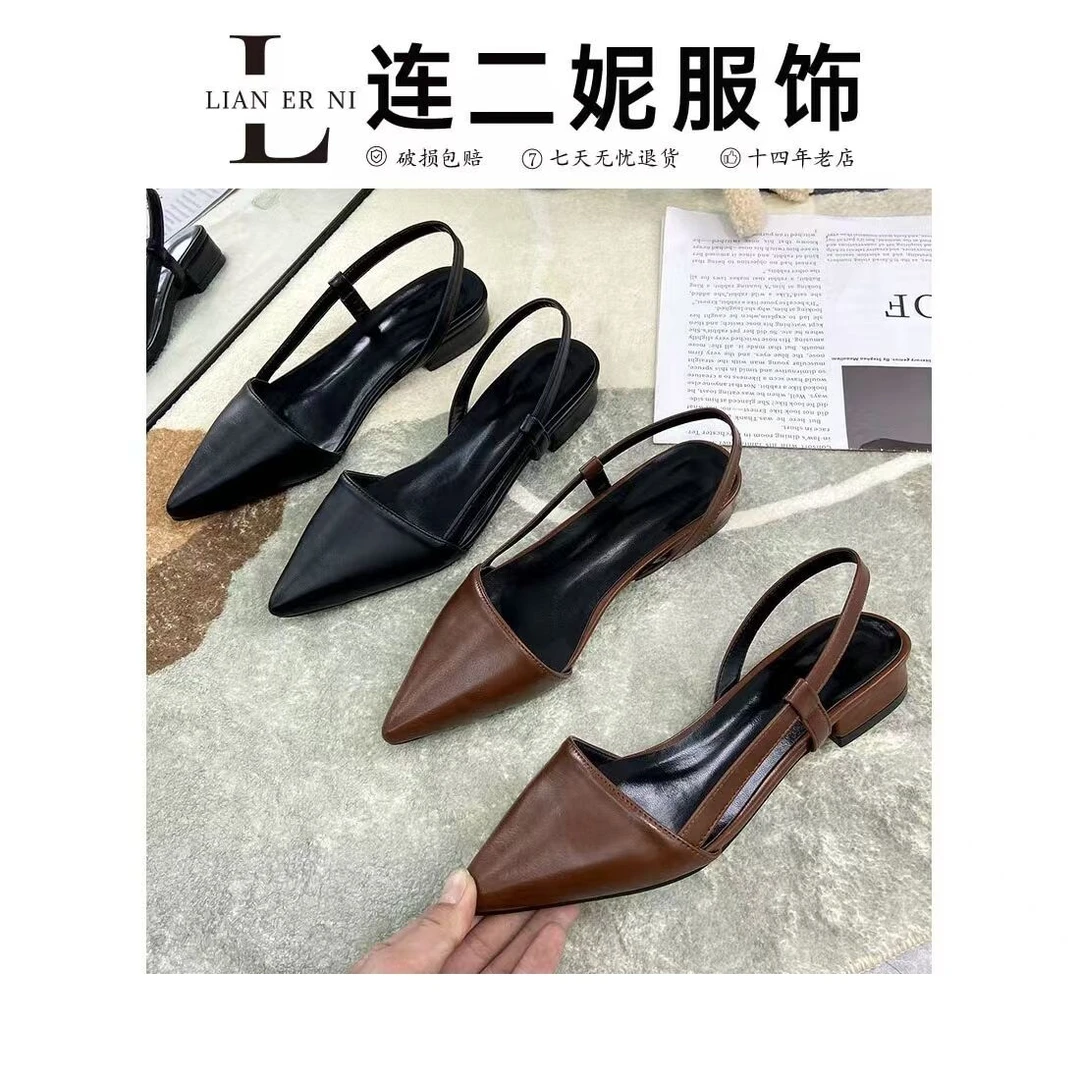 2025春夏新款欧美风气质粗跟包头凉鞋女百搭低跟尖头一字带女单鞋