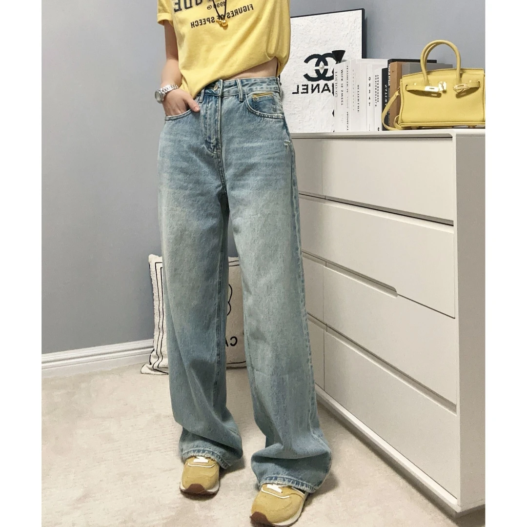 春夏新款水洗百搭高街拖地牛仔复古阔腿裤