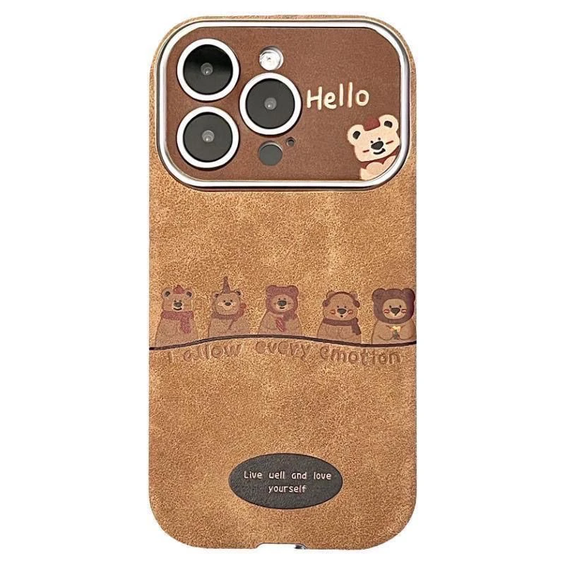 棕色皮革五只小熊大视窗适用苹果16pro手机壳15promax全包女款