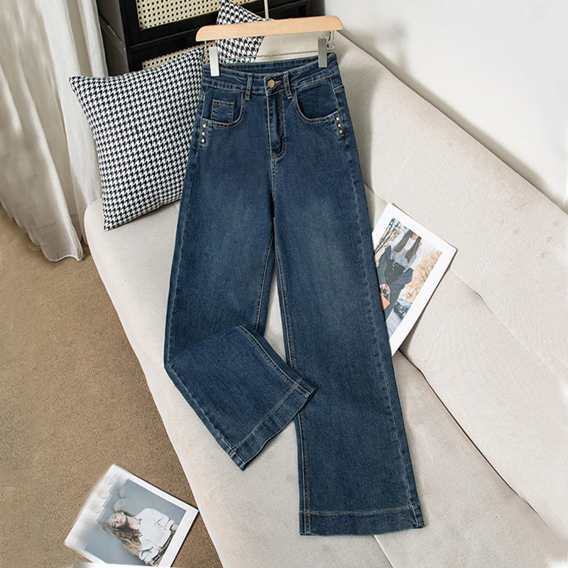 秋季新款窄版阔腿裤直筒裤牛仔裤长裤宽松高腰复古小个子九分裤女