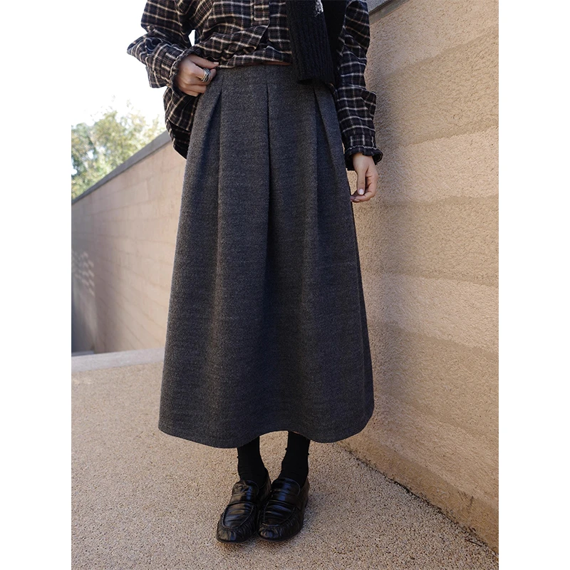 复古深花灰呢料a字半身裙女秋冬季高腰垂坠感设计感压褶宽松伞裙
