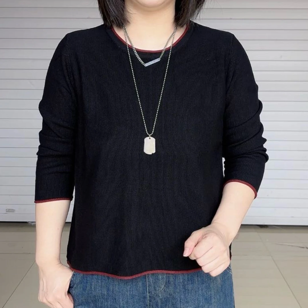 2025早秋新款打底洋气毛衣宽松拼色圆领针织衫时尚显瘦上衣