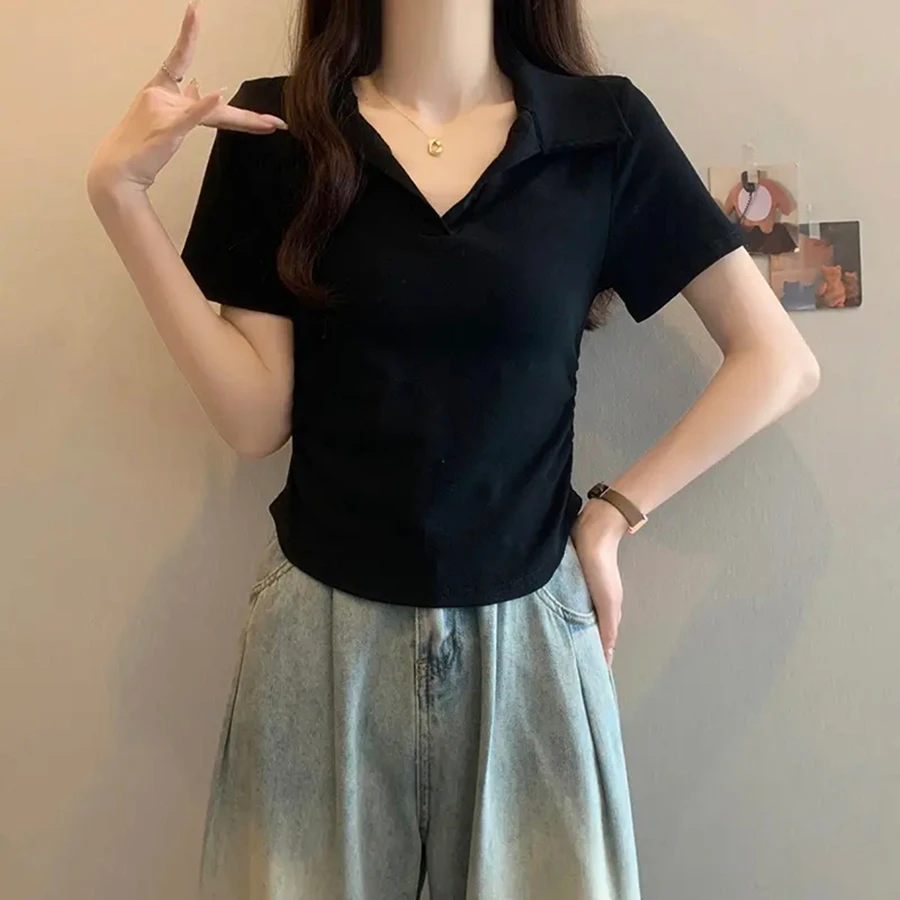 正肩Polo领短袖t恤夏新款百搭显瘦设计别致小众收腰短款上衣女款