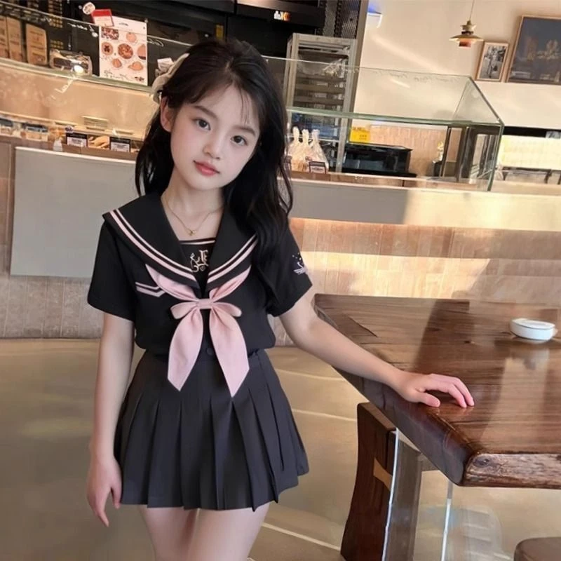 女童夏季jk制服学院风套装2025新款中大童卡哇伊日系百褶裙两件套
