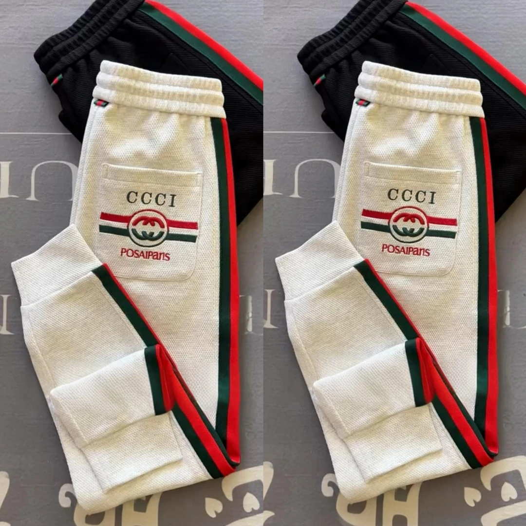 潮牌休闲裤男款春秋新品轻奢条纹弹力小脚裤高端刺绣宽松运动卫裤