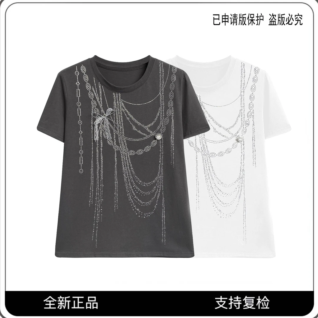 68023#CSIN高奢重工珠链烫钻时尚T恤2025春夏休闲潮流个性上衣