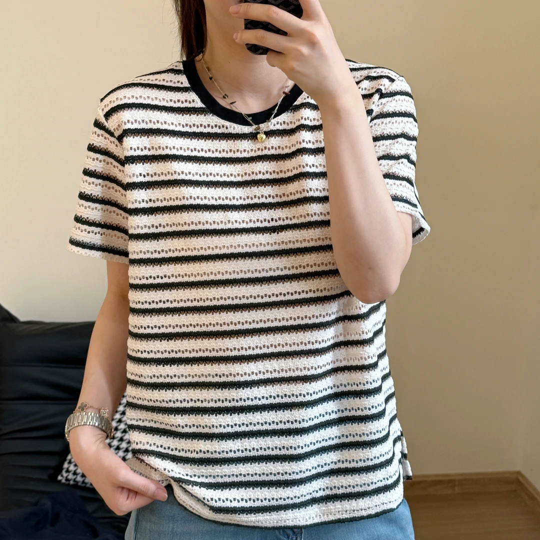 美亚恩NANA【钢琴键】夏季小香风条纹针织短袖T恤女宽松C0347