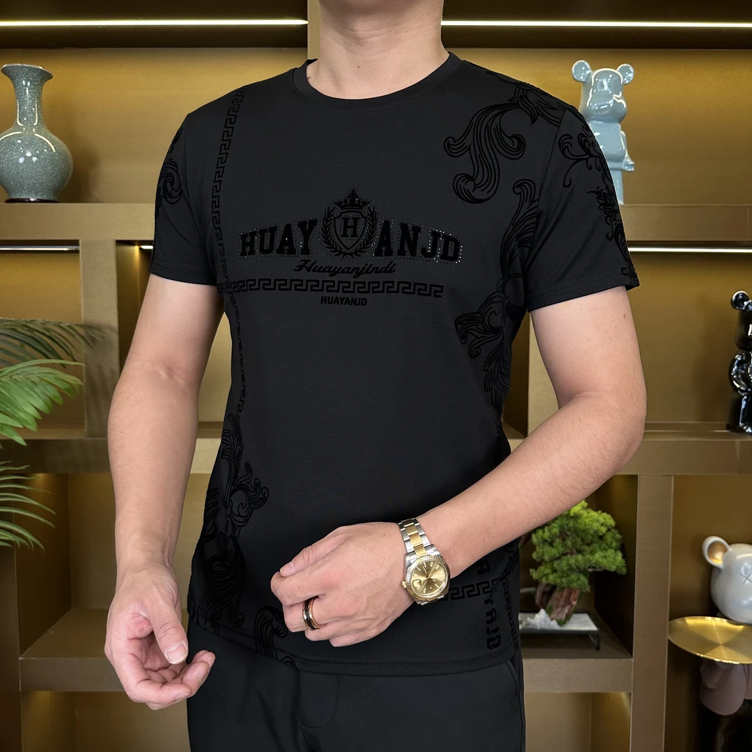 656男士高档圆领新款潮牌大气植绒春夏款半袖轻奢烫钻T恤
