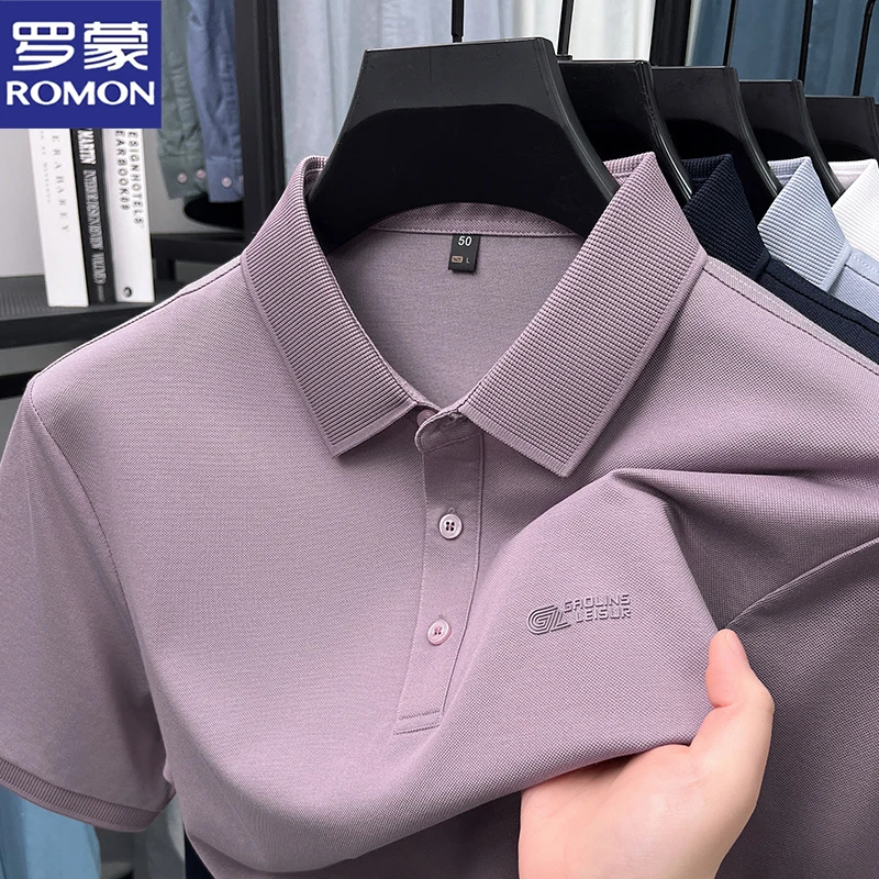 罗蒙夏季高档男士纯色短袖上衣宽松透气中青年凉爽百搭翻领POLO衫