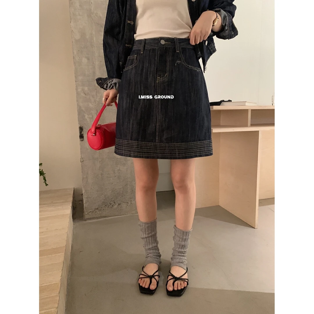 5277#韩系百搭通勤复古深色牛仔A字半身裙