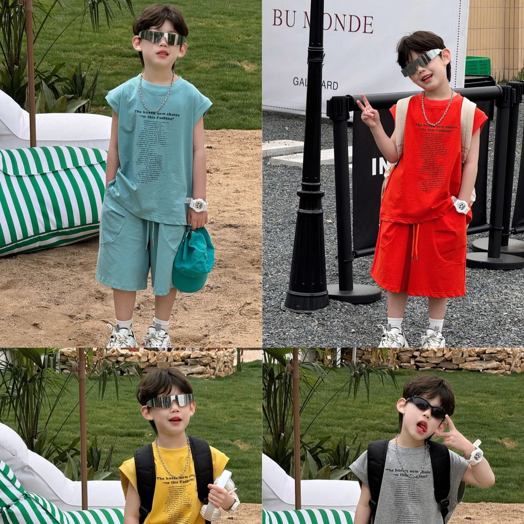 2025夏季新款韩版男童时尚百搭纯色字母无袖套装儿童上衣短裤