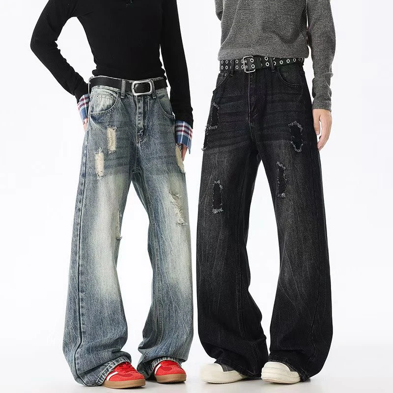 水洗牛仔裤男女冰蓝宽松做旧闪电纹牛仔裤宽松复古破洞美式潮流