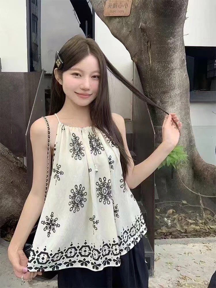 夏季慵懒风碎花宽松挂脖式吊带背心，复古设计超减龄