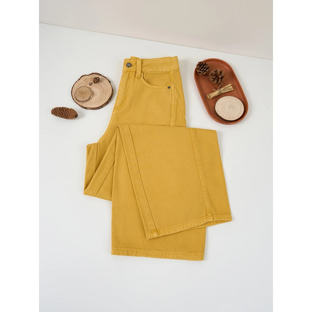 missrococo/洛可可小姐春季中高腰黄色时尚百搭窄版弯刀牛仔裤女