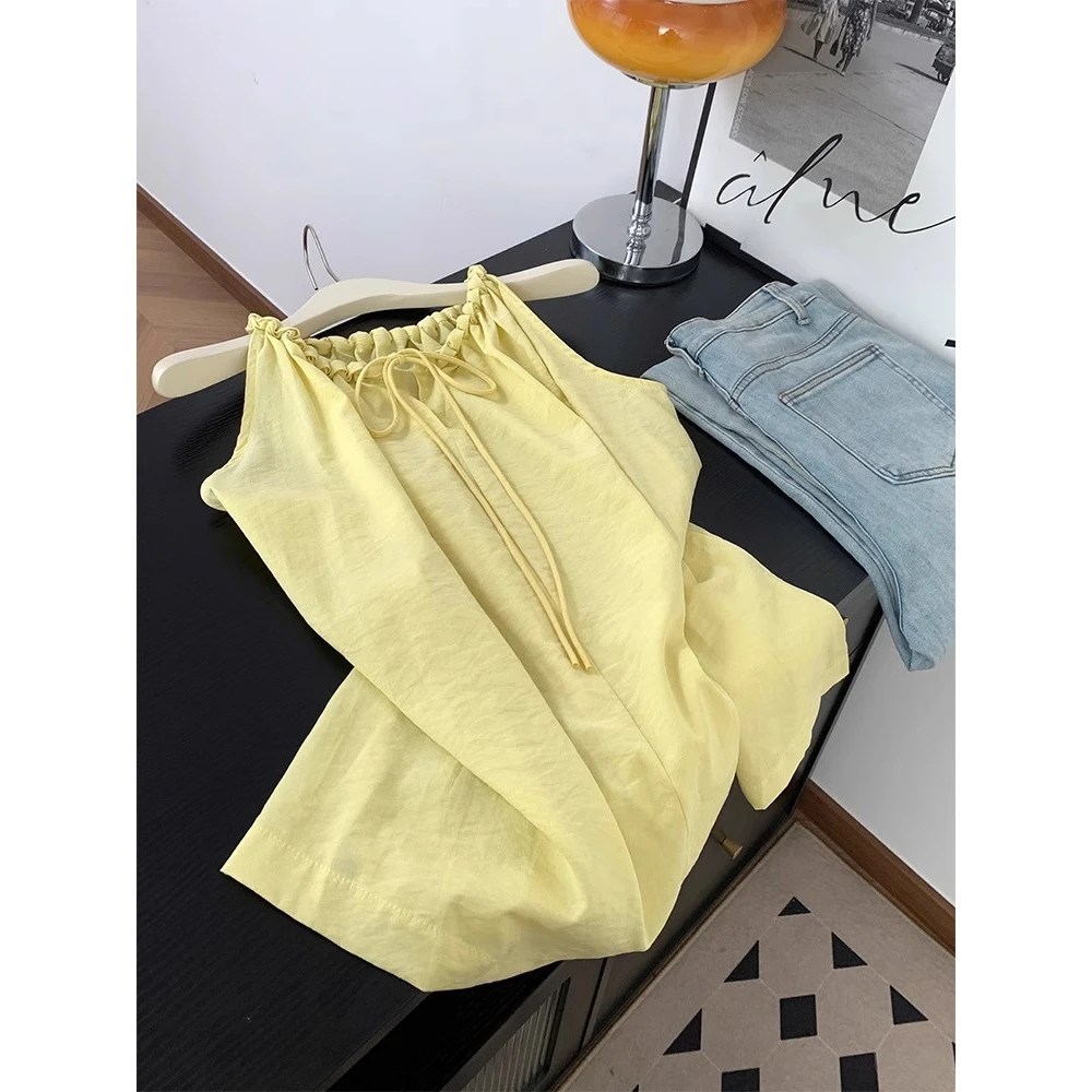 法式气质无袖挂脖吊带背心女夏季外穿后背蝴蝶结绑带编织圆领上衣