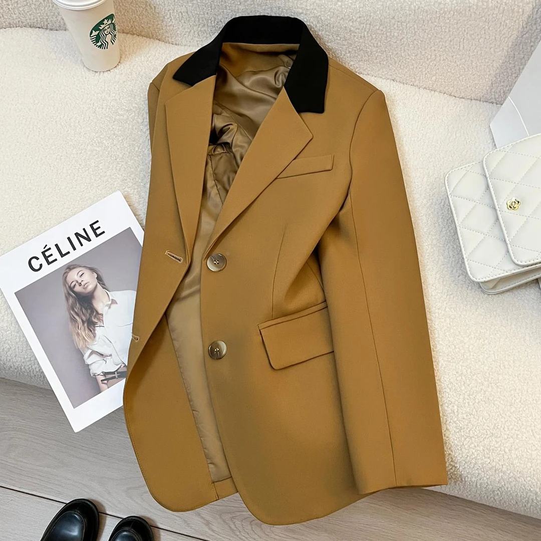 焦糖色拼接西装外套女2025春季新款高级设计感小众休闲时尚西服
