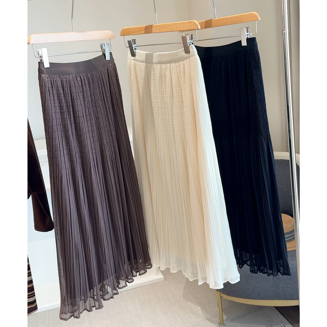 2025秋冬百褶裙高腰半身裙中长款过膝网纱女士半身裙显瘦韩版半裙